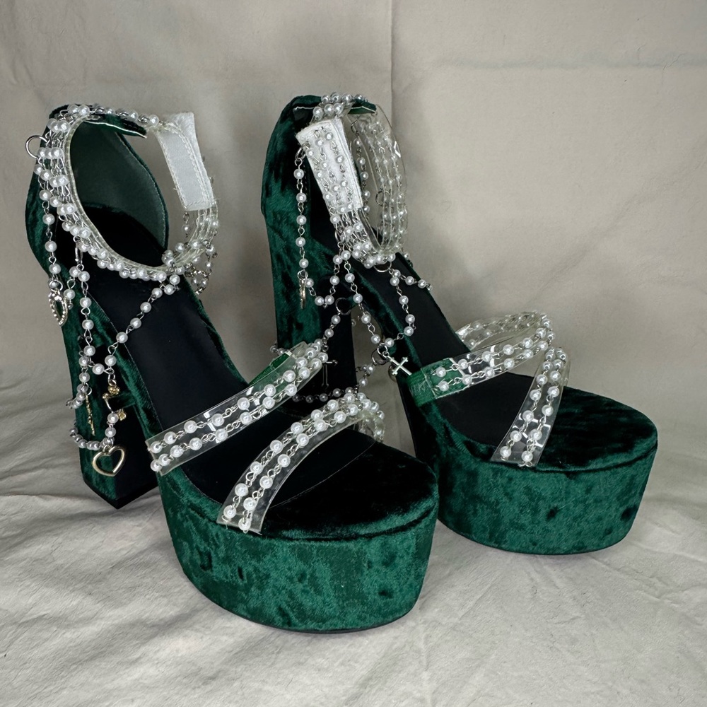 Elegant Green Velvet Platform Heels with Pearl Accents from Dollskill